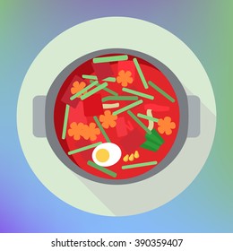 vegetable beet soup borsch flat vector icon. traditional russian cuisine. red soup in pot flat with vegatables and egg top view sign. flat icon with long shadow.