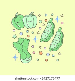 vegetable bellpepper lettuce peas with cute facial expressions and pastel colour