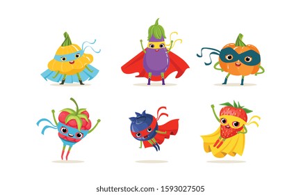 Vegetable and Berry Superheros Rushing to the Rescue Vector Set