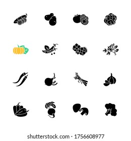 Iconos de glifos negros vegetales establecidos en el espacio blanco. Tomate para ketchup. Papa y lechuga. Raíz cruda, bombilla madura. Alimentación sana estacional. Verduras crudas. Símbolos de silueta. Ilustración aislada del vector