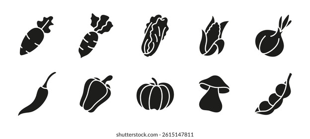 Vegetable black icon set. Glyph organic vegetables illustration including carrot, pepper, onion, corn, mushroom and pumpkin. Natural and healthy nutrition symbols and silhouettes.