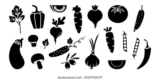 Vegetable black silhouette, food icon. Carrot, tomato, onion, pepper, olive, parsley, radish, cucumber, pea. Season plant isolated on white background. Grocery organic set. Vector illustration