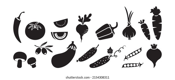 Vegetable black silhouettes vector icon set isolated on white background. Season food illustration