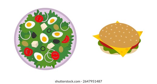 Vegetable and Boiled Eggs Salad on plate and Cheeseburger with vegetables and sesame bun Food Set