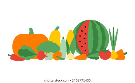 Vegetable border. Clean simple vector illustration. Horizontal composition - pumpkin, squash, broccoli, watermelon, tomato, pepper, potato, onion, cucumber, corn and other. Natural organic