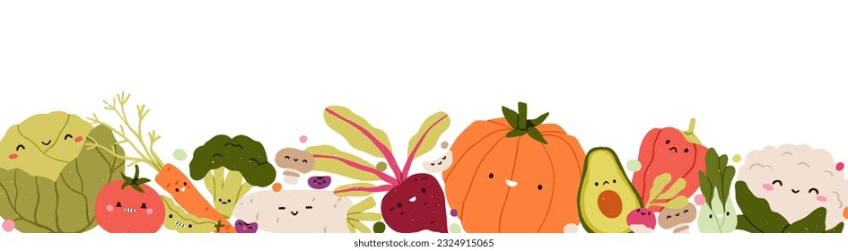 Vegetable border. Farm harvest, healthy vegan food, horizontal banner. Assorted veggies characters. Fresh vegetarian eating mix. Kids childish flat vector illustration isolated on white background