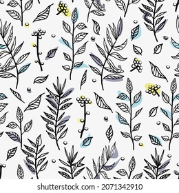 Vegetable botanical seamless pattern, twigs, leaves, flowers are drawn by hand, decor with colored spots, on a white background. Vector illustration in outline doodle style.