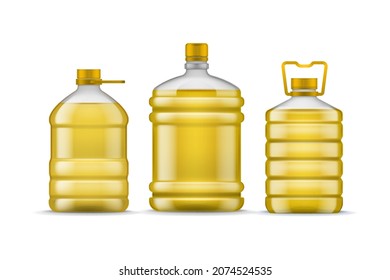Vegetable bottle oil. Different packaging plastic full bottles. Realistic huge transparent containers for liquid. 3D package for branding, cooking organic ingredient, vector isolated set