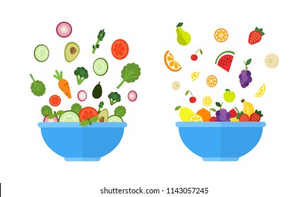 Vegetable bowl. Fruit bowl. Salad with fresh vegetables and fruits in blue bowls. Organic food concept in flat style. Vector illustration.