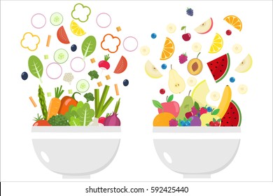 Vegetable bowl. Fruit bowl. Slices of vegetables. Flat design.