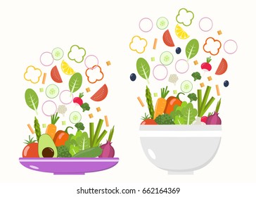 Vegetable bowl and plate. Slices of vegetables. Flat design.