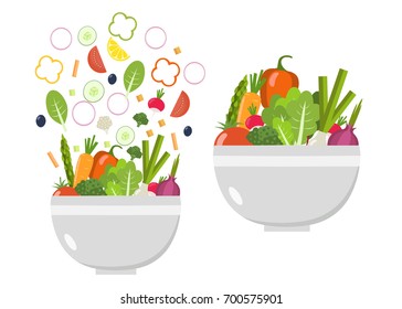 Vegetable bowl and plate. Slices of vegetables. Flat design.