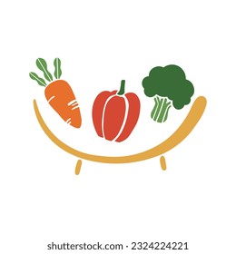 Vegetable Bowls Set, Fresh and Healthy organic farm food, Eco products. Carrots, red pepper, broccoli. Flat-style vector illustration isolated on white background.