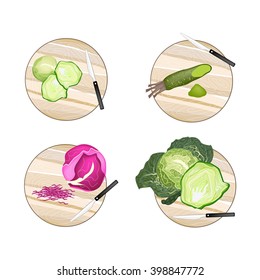Vegetable, Brussels Sprout, Savoy Cabbage, Purple Cabbage and Wasabi on Wooden Cutting Boards.