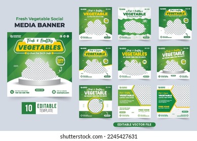 Paquete de plantillas promocionales de negocios de verduras para marketing en medios sociales. Venta de verduras orgánicas colección de pósters con colores amarillo y verde. Comida saludable en redes sociales, un vector.