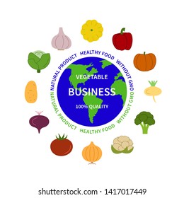 Vegetable business without GMO natural product colored icons healthy food vegetables vegan analysis design elements fresh quality food money commerce logistics search tasty useful vector symbol set