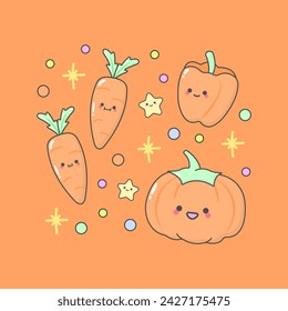 vegetable carrot pumpkin bell pepper with cute facial expressions and pastel colour