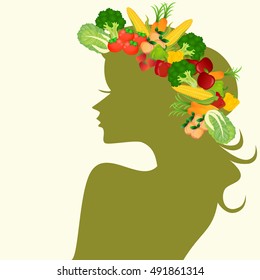 vegetable carrot tomato broccoli apple cabbage corn peach bell pepper on lady green background.vector illustration.