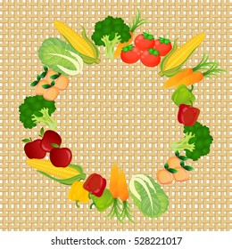 vegetable carrot tomato broccoli apple cabbage corn peach bell pepper on rattan background.vector illustration.