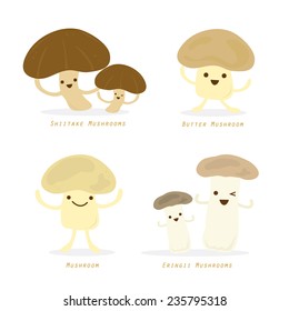 Vegetable Cartoon Cute Set Butter Shiitake Eringii Mushroom Vector