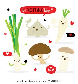 Vegetable Cartoon Cute Set Radish Shiitake Eringii Mushroom Garlic Leek Vector