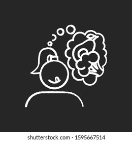 Vegetable carving chalk icon. Hungry for healthy food. Broccoli and avocado. Vegan girl. Nutritious diet. Appetite and hunger. Woman thinking of veggies. Isolated vector chalkboard illustration