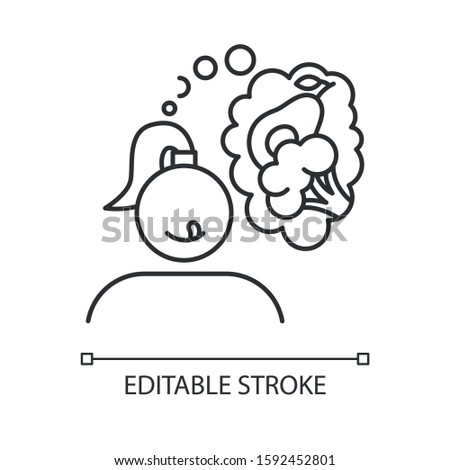 Vegetable carving linear icon. Hungry for healthy food. Broccoli and avocado. Vegan girl. Appetite and hunger. Thin line illustration. Contour symbol. Vector isolated outline drawing. Editable stroke