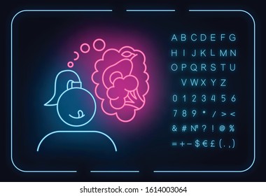 Vegetable carving neon light icon. Hungry for healthy food. Broccoli and avocado. Vegan girl. Nutritious diet. Glowing sign with alphabet, numbers and symbols. Vector isolated illustration