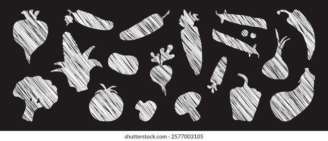 Vegetable chalk hand drawn on blackboard, white scribble set. Tomato, broccoli, carrot, onion, radish, corn, beetroot, pepper, cucumber, eggplant. Crayon food pen graphic design. Vector illustration