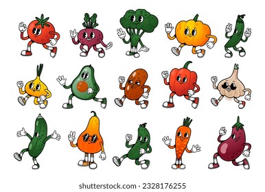 Vegetable character. Cartoon retro mascot vegetables. Funny green vitamin plant food, cute tomato, running pumpkin, healthy eggplant, nature avocado. Vector set. Organic products with emotions