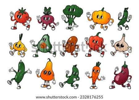 Vegetable character. Cartoon retro mascot vegetables. Funny green vitamin plant food, cute tomato, running pumpkin, healthy eggplant, nature avocado. Vector set. Organic products with emotions