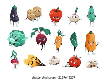 Caracteres vegetales. Caricatura adorables mascotas de comida orgánica fresca con graciosas manos y piernas en la cara, niños en el jardín. Cachorros de tomate de cebolla vectorial conjunto de adorables ilustraciones vegetales orgánicas