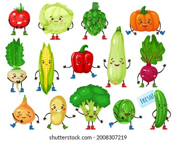 Vegetable characters. Cute broccoli, tomato, pumpkin, cucumber, corn, cabbage with smiling faces. Funny vegetables mascot character vector set. Farm veggies with vitamins for vegans