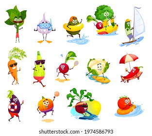 Vegetable characters on beach vacation, vector summer leisure activities, travel and holiday. Cute tomato, chilli pepper, carrot and garlic, broccoli, zucchini or avocado swimming, sunbathing, surfing