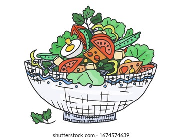 Gemüse- und Käsesalat mit Fleisch. Stockillustration für Vektorillustrationen
