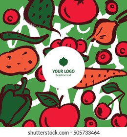 Vegetable chips. Design concept for identity of vegan crisps or fresh food restaurant, logo template. Hand drawn vector illustration of potato, tomato, pepper, onion, carrot, beet, apple, cherry