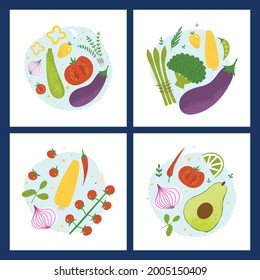 Vegetable circle compositions set. Trendy flat hand drawn posters with eggplant, broccoli, asparagus, corn, tomatoes. Organic fresh vegan food prints for kitchen, restaurant. 