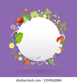 Vegetable circle frame with white paper label  for web and print decoration vector illustration on purple violet background