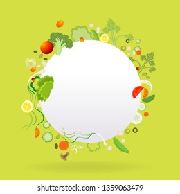 Vegetable circle frame with white paper label  for web and print decoration vector illustration on light green background