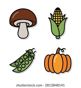 Vegetable collection icons including forest mushroom corn cob green peas in pod and ripe orange pumpkin for healthy diet menu.