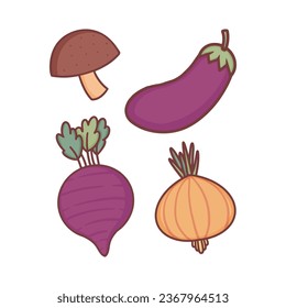 Vegetable Collection Set of Mushroom, Eggplant, Beet and Onion