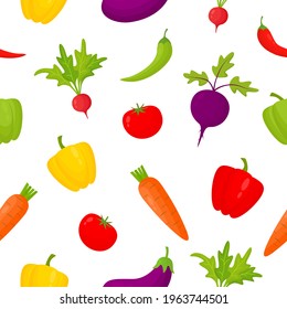 Vegetable colorful seamless pattern. Healthy food collection. Fresh farm organic elements pattern. Vector illustration isolated on white background.