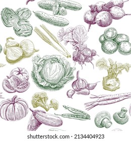 Vegetable colorful seamless pattern. Sketchy vector hand-drawn background.