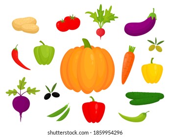 Vegetable colorful set icons. Healthy food collection. Fresh organic elements group. Vector illustration isolated on white.