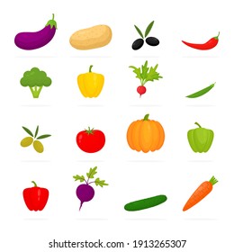 Vegetable colorful set icons. Healthy food collection. Fresh eggplant, potato, radish, cucumber, olives, pea, tomato, peppers, pumpkin, paprika, carrot, broccoli isolated. Vector illustration