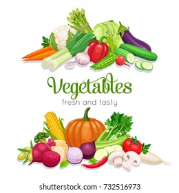 Vegetable composition with pumpkin, carrot, cabbage, corn, onion, eggplant and herbs. Farm fresh arrangement with lettering for grocery branding, organic packaging, market poster, restaurant menu and food advertising. Vector illustration.