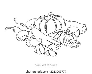 Vegetable continuous line art. Autumn festival and fall harvest concept. Pumpkin festival. Squash and pumpkin leaves. Abstract line art. Seeds grapes garlic turnips eggplants pears cranberries vector