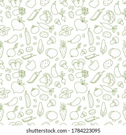 Vegetable contour set. Market garden harvest. Seamless pattern background. Vector line illustration.