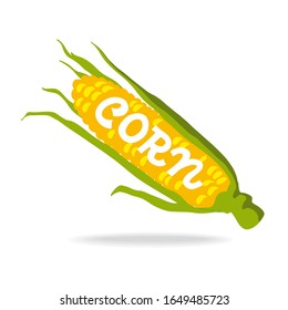 Vegetable Corn Lettering. Hand drawn vector flat cartoon illustration on isolated white background. Great vegetableы image for popcorn, salad. Healthy food, vegetarian.