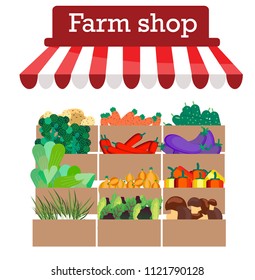 vegetable counter, vector illustration, farm shop, salad, mushrooms, cabbage, carrot, eggplant, flat style